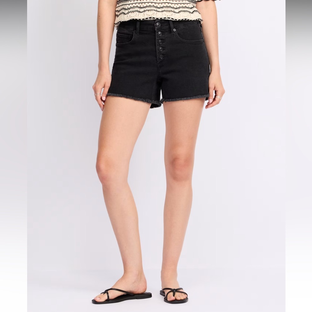 Black Denim Button-Fly Highwaisted Shorts - Picture 2 of 4